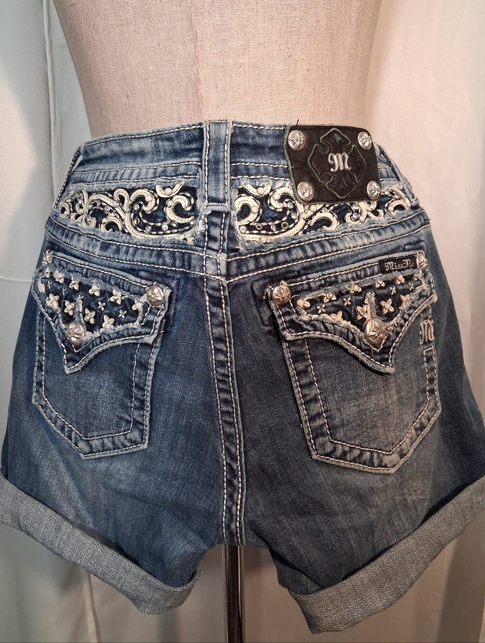 Miss Me Boyfriend Shorts, Women Denim Blue Embroidered, Jeweled Studs, 29